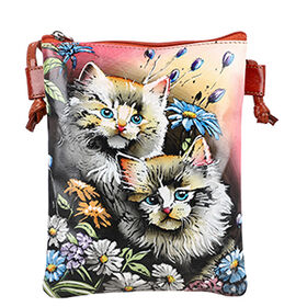 VIVID by SUKRITI Handbemalte Umhängetasche aus echtem Leder, Schwarz, 15,75x19,80cm, Zwei Katzen
