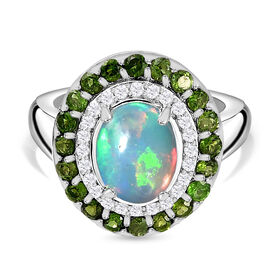 Natürlicher, äthiopischer Opal und natürlicher Chromdiopsid Halo-Ring, 925 Silber platiniert  ca. 2,41 ct