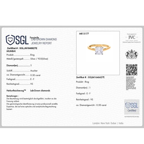 LUXURIANT DIAMOND - Lab Grown Diamant VS-EF SGL zertifiziert Ring, 925 Silber 750 Gelbgold Vermeil (Größe 17.00) ca. 0,50 ct image number 7