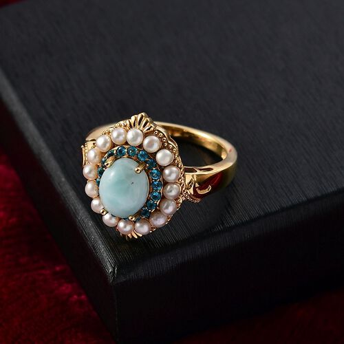 D'Joy Larimar, Süßwasser Perle Ring 925 Silber 750 Gelbgold Vermeil (Größe 18.00) image number 1