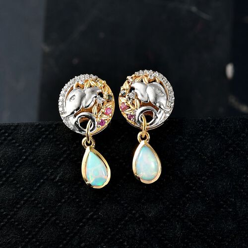 D'Joy AA Natürlicher, äthiopischer Welo Opal, Mehrfarbig Saphir Ohrringe 925 Silber Rhodiniert und 750 Gelbgold Vermeil ca. 1,63 ct. image number 1