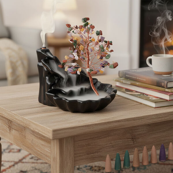 "Seven Chakra Backflow Incense Burner With  Crystal Tree Back Flow Incense Holder With 30 Incense Cones Size:- 18 X 10 X 20 Cms Color- Multi " image number 2