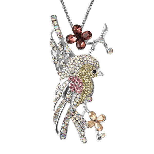 Mehrfarbige Kristall und Glas Kolibri-Brosche, Anh&auml;nger mit Kette, ca. 60 cm, silberfarben image number 0