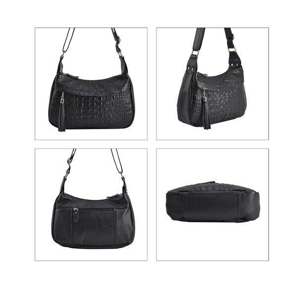 Crossbody Handtasche aus 100% echtem Leder mit Krokoprägung, Schwarz image number 4