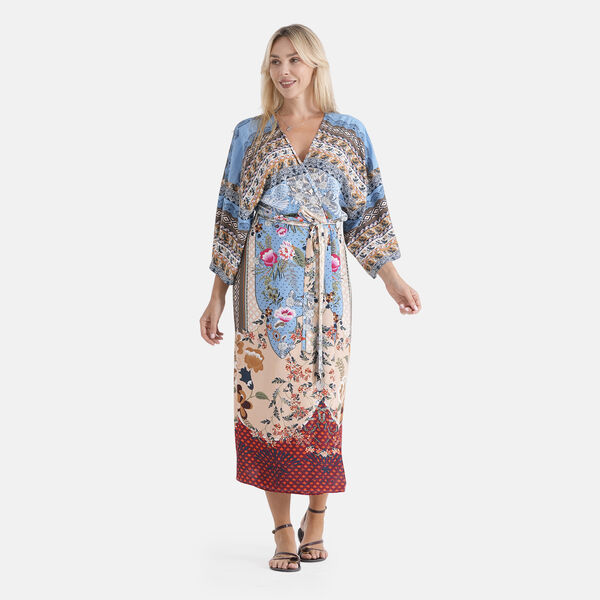 LA MAREY Kimono mit Vogel- und Blumenprint 100% Viskose Einheitsgr&ouml;&szlig;e 128 cm L&auml;nge, passend f&uuml;r Gro&szlig;e 36-44, Beige image number 4
