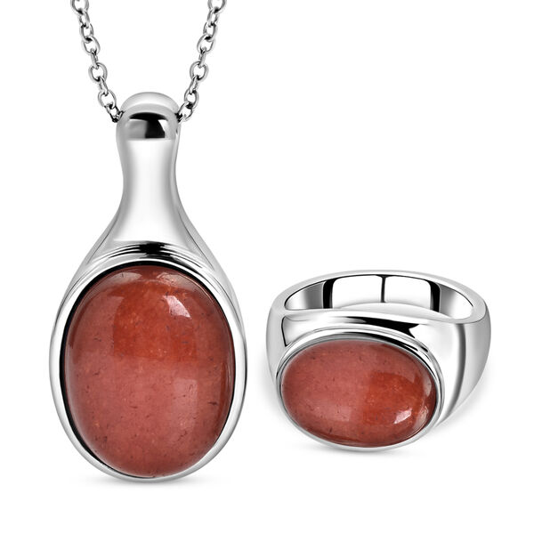 2er- set gef&auml;rbter, roter Achat-Ring und Anh&auml;nger mit Kette, ca. 50 cm, 316L Edelstahl , ca. 27.00 ct