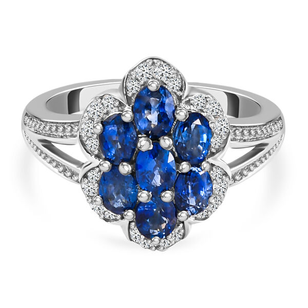 Blauer Ceylon-Saphir und Zirkon Ring 925 Silber platiniert  ca. 1,79 ct