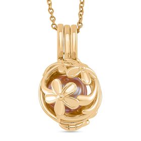 Lila Edison-Perle Anhänger mit Kette, Blumen-Cage-Design, ca. (10-12mm), Messing und Edelstahl, Goldfarben