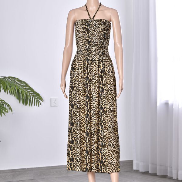 Halsträger in langem, gesmoktem Kleid, 32x75cm, brauner Leopardendruck