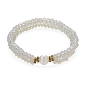Weiße Muschelkernperle (9-11 mm) Armband mit Opalite, flexibel, Goldfarben