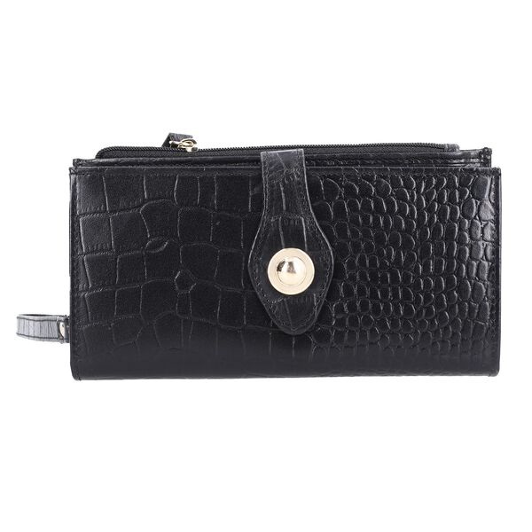 Echtleder Portemonnaie mit Krokoprägung, 18,5x1,5x9,5 cm, schwarz image number 0