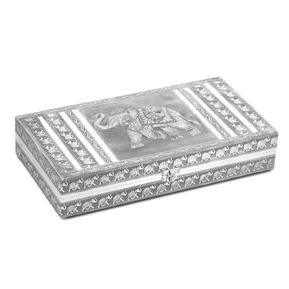 Handgefertigte Schmuckschatulle mit Elefantenmotiv, oxidiertes Design, mit Spiegel und F&auml;chern, ca. 38 x 20 x 7,6 cm, Silberfarben