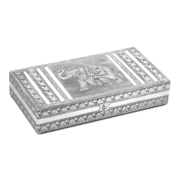 Handgefertigte Schmuckschatulle mit Elefantenmotiv, oxidiertes Design, mit Spiegel und Fächern, ca. 38 x 20 x 7,6 cm, Silberfarben