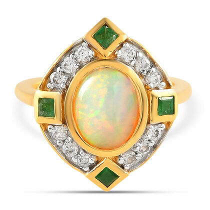 Natürlicher, äthiopischer Opal, Smaragd und Zirkon-Ring, 925 Silber Vermeil (Größe 16.00) ca. 1.60 ct