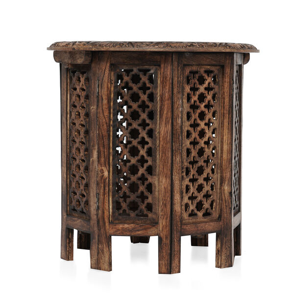 NAKKASHI - handgeschnitzter, klappbarer Beistelltisch aus Mangoholz, 45x45 cm, Antikes Finish image number 3