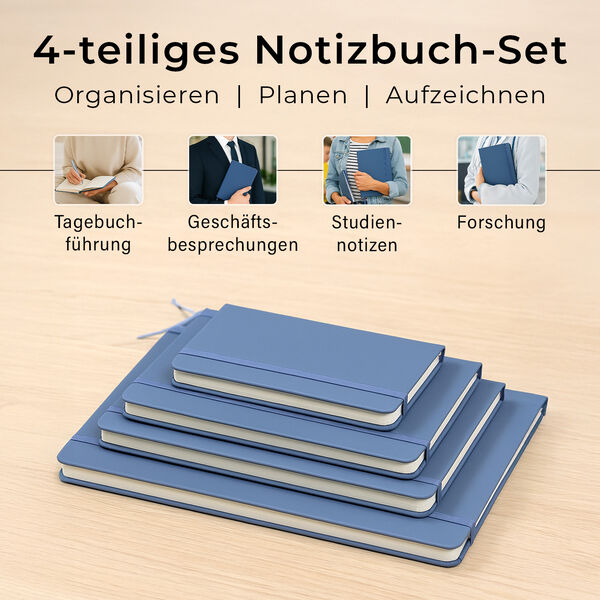4-teiliges Notizbuch-Set mit Gummibandverschluss, Kunstleder und Papier, verschiedene Größen, Grau image number 2