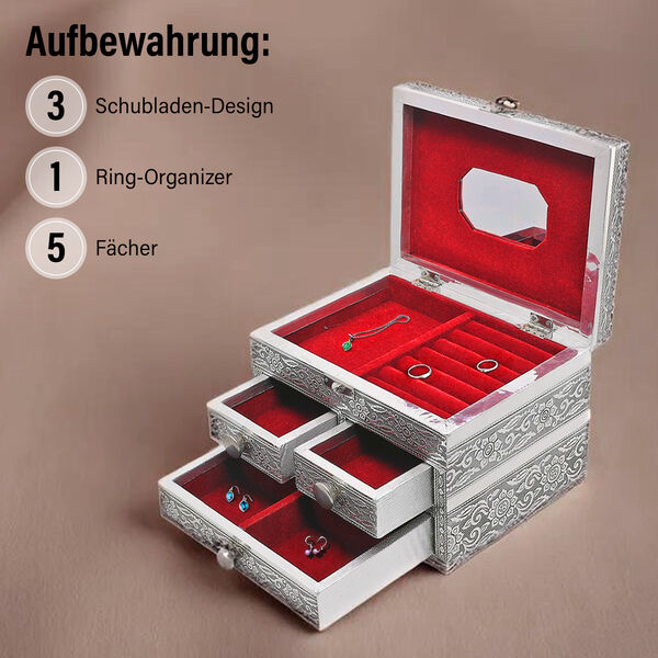 Oxidierte 3-stufige Schmuckbox mit Pferdeprägung und Samt-Innenfutter image number 3