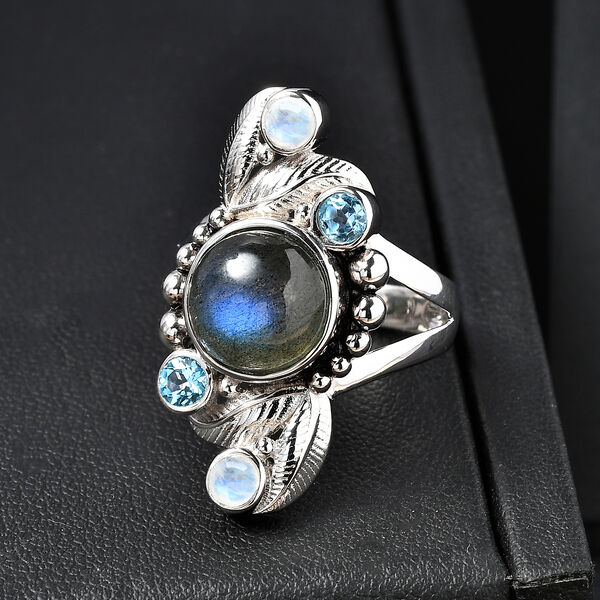 Sajen Silber - AAA Labradorit, Schweizer Blautopas, Schweizer Blautopas Ring 925 Silber rhodiniert (Gr&ouml;&szlig;e 20.00) ca. 5.07 ct image number 2