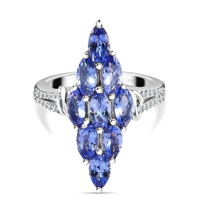 Tansanit und Zirkon Cluster Ring 925 Silber Platin-Überzug image number 0