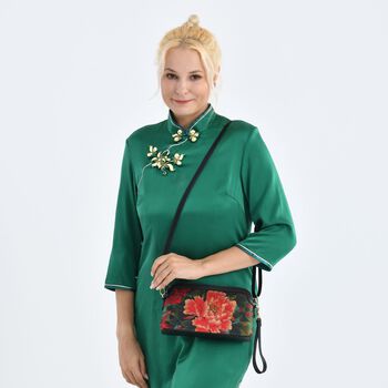 LA MAREY Crossbody Tasche aus 80% Seidenbrokat und 20% Echtleder, Blumenmuster, 24x5.5x14cm, Schwarz-rot