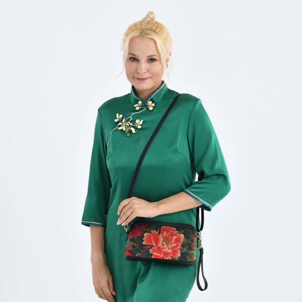 LA MAREY Crossbody Tasche aus 80% Seidenbrokat und 20% Echtleder, Blumenmuster, 24x5.5x14cm, Schwarz-rot image number 2