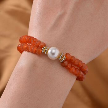 Wei&szlig;e Muschelkernperle, Roter Achat Armband ca. BR-Stretch cm Legierung Standard gelb vergoldet