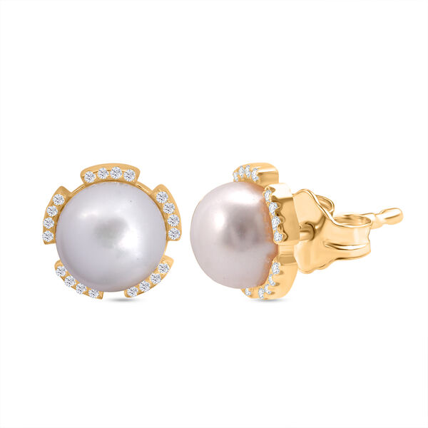 S&uuml;&szlig;wasser Perle (10 mm), Wei&szlig;er Zirkonia Ohrringe 925 Silber vergoldet