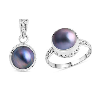 Royal Bali Kollektion- Blauer Mabe Perle Ring und Anh&auml;nger