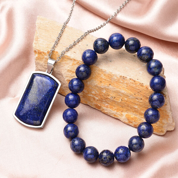 2er- Set Lapislazuli flexibel Armband und Anh&auml;nger mit Kette ca. 60 cm in Edelstahl image number 1