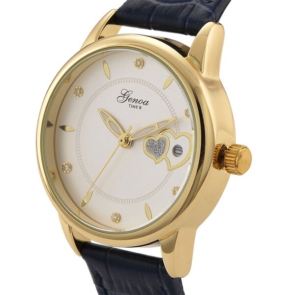 GENOA - Automatik-Armbanduhr mit Herz-Design und Datumsanzeige, Dandong-Uhrwerk, Wei&szlig;es Zifferblatt, Goldfarben, Blaues Lederarmband, 36 mm image number 3