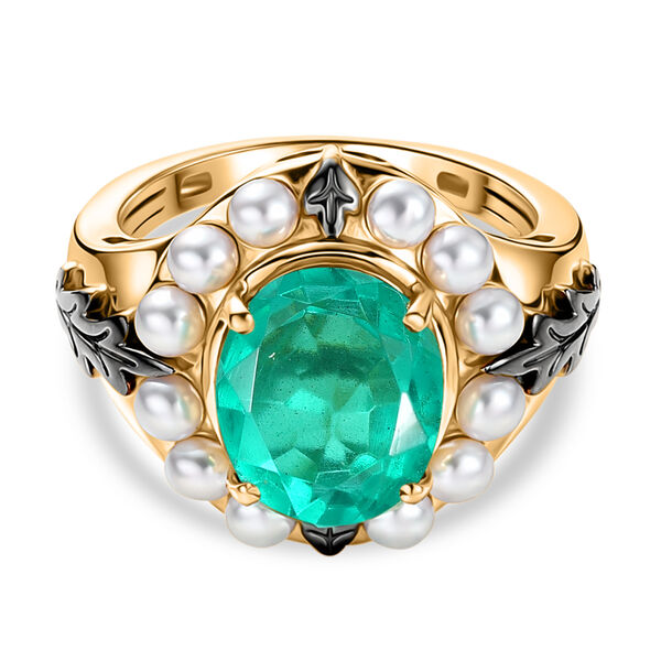 D'Joy Smaragd-Quarz Triplette, S&uuml;&szlig;wasser Perle (3mm) Ring 925 Silber 750 Gelbgold Vermeil (Gr&ouml;&szlig;e 17.00)