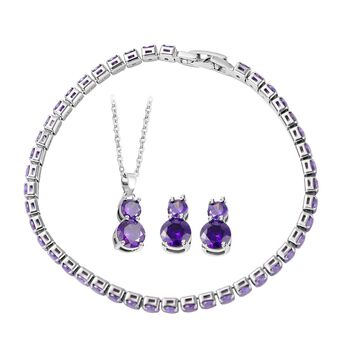 4er Set, Amethyst Zirkonia Armband, Anh&auml;nger mit Kette und Ohrringen, Messing ca. 17,60 ct