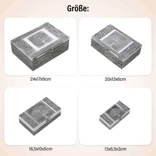 4-teiliges Set handgefertigter Aluminiumboxen mit Lebensbaum-Motiv, Größen von 24x17x9 bis 13x6,5x3 cm image number 5