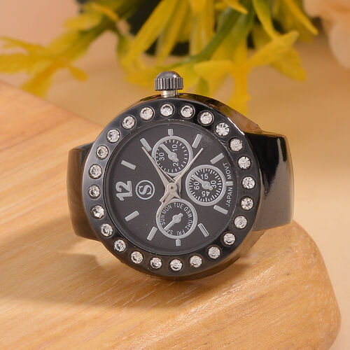 STRADA - Eleganz Weißer Kristall Flexibler Ringuhr, japanischem PC21S Uhrwerk, multifunktionalem Zifferblatt, Reiner Edelstahl, Schwarz image number 1