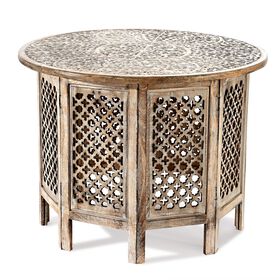 NAKKASHI Handgeschnitzter Couchtisch aus Mangoholz, 68x68x51cm, weißes Finish