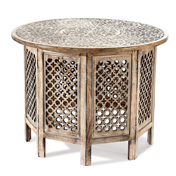 NAKKASHI Handgeschnitzter Couchtisch aus Mangoholz, 68x68x51cm, weißes Finish image number 0