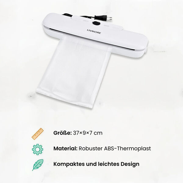 LIVMORE Vakuumierger&auml;t mit Schwei&szlig;- und Vakuumfunktion, inkl. Rollenbeutel und 10 Vakuumbeuteln, Wei&szlig; image number 4