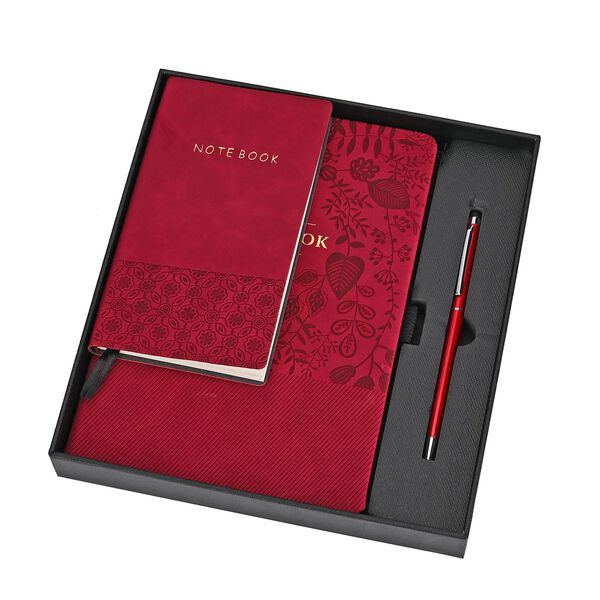 Premium Set; Notizbuch und Taschentagebuch mit geschnitztem, samtigem Hardcover und Kugelschreiber, Rot image number 7