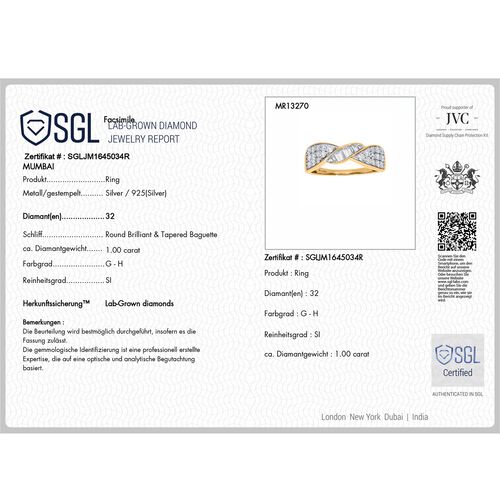LUXURIANT DIAMOND - Lab Grown Diamant SI-GH SGL zertifiziert Ring, 925 Silber 750 Gelbgold Vermeil (Größe 17.00) ca. 1,00 ct image number 7