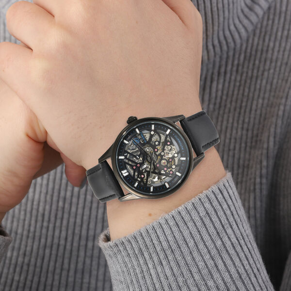 Genoa - Goldfarbene Automatikuhr, transparentes Ziffernblatt, echtes Leder-Armband, wasserdicht bis 5 ATM, Edelstahl IP-Schwarz-Plattierung image number 1