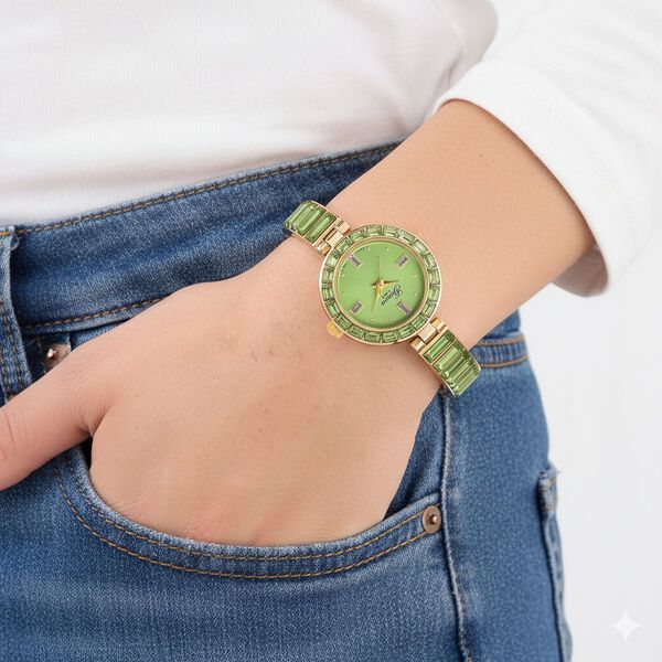 GENOA Time V2, Peridot-farbene Zirkonia, Kristalluhr, japanisches Uhrwerk, 316L Edelstahl, gr&uuml;n image number 3