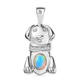 D'Joy AA Natürlicher, äthiopischer Welo Opal, Weißer Zirkon Anhänger 925 Silber platiniert ca. 0.28 ct