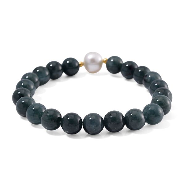 Weiße Edison Perle (10-12 mm), Natürlicher Olmek Jadeit Armband, Flexibles, 925 Silber vergoldet image number 3