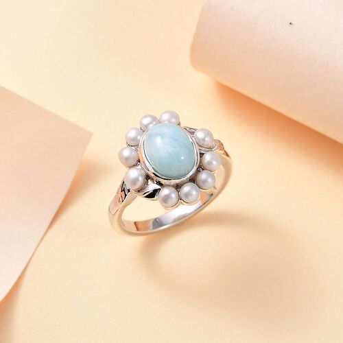 AA Natürlicher grüner Larimar und Süßwasser Perle Ring image number 1
