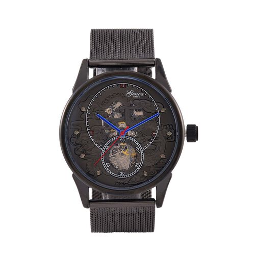GENOA TIME V2 - Automatische mechanische Uhr mit Drachenmuster und Edelstahl-Mesharmband, 23 cm, schwarz, ca. 89,00g image number 0