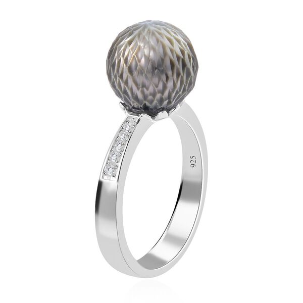 Handgeschnitzter 11-12mm Tahiti-Perle und Zirkon-Ring, 925 Silber rhodiniert - 0,13 ct. image number 5