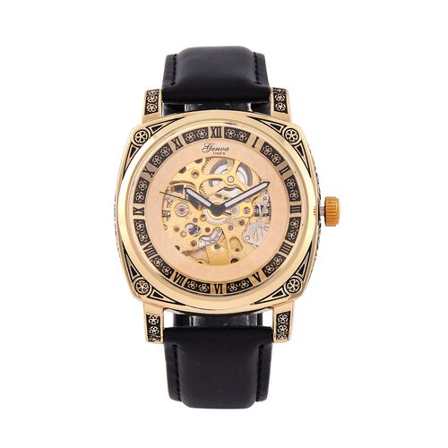 Genoa Time V2 Automatik-Uhr mit Mechanischem Uhrwerk, Goldfarbener Gravur und Schwarzem Lederarmband image number 0