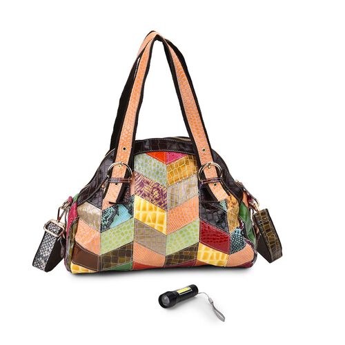 "Chaos by Elsie Genuine Leather Crossbody Bag with RFID with Mini flash torch 1.Color:Multicolor Embossed  animal print shining quadrilateral pattern Size: 38.5*17.5*32CM Handle drop:?cm             Wall: Genuine Leather Lining: Polyester image number 0
