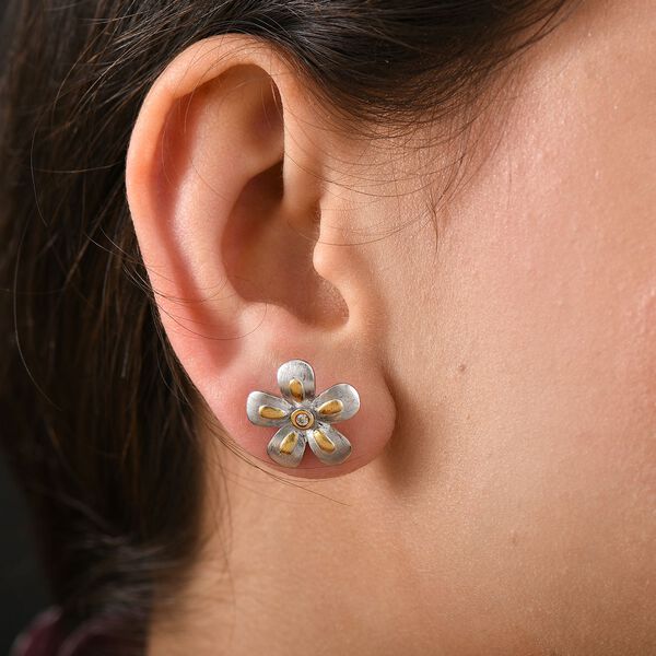 Florale Moissanit Ohrringe, 925 Silber rhodiniert und 750 Gelbgold Vermeil image number 3