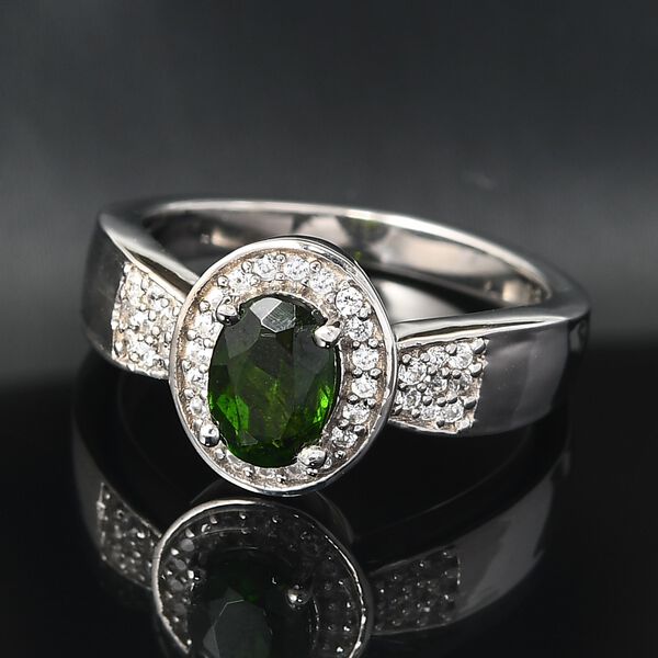 Nat&uuml;rlicher Chromdiopsid und Zirkon Halo Ring 925 Silber platiniert  ca. 0,99 ct image number 2